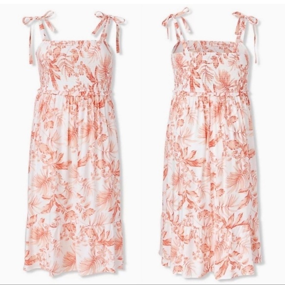 torrid Dresses & Skirts - Torrid Smocked Midi Dress Peach Pink White Tropical Floral Dress 1 Spring
